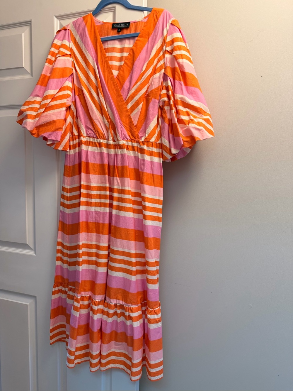 ELOQUII Pink & Orange Striped V-Neck Midi Dress